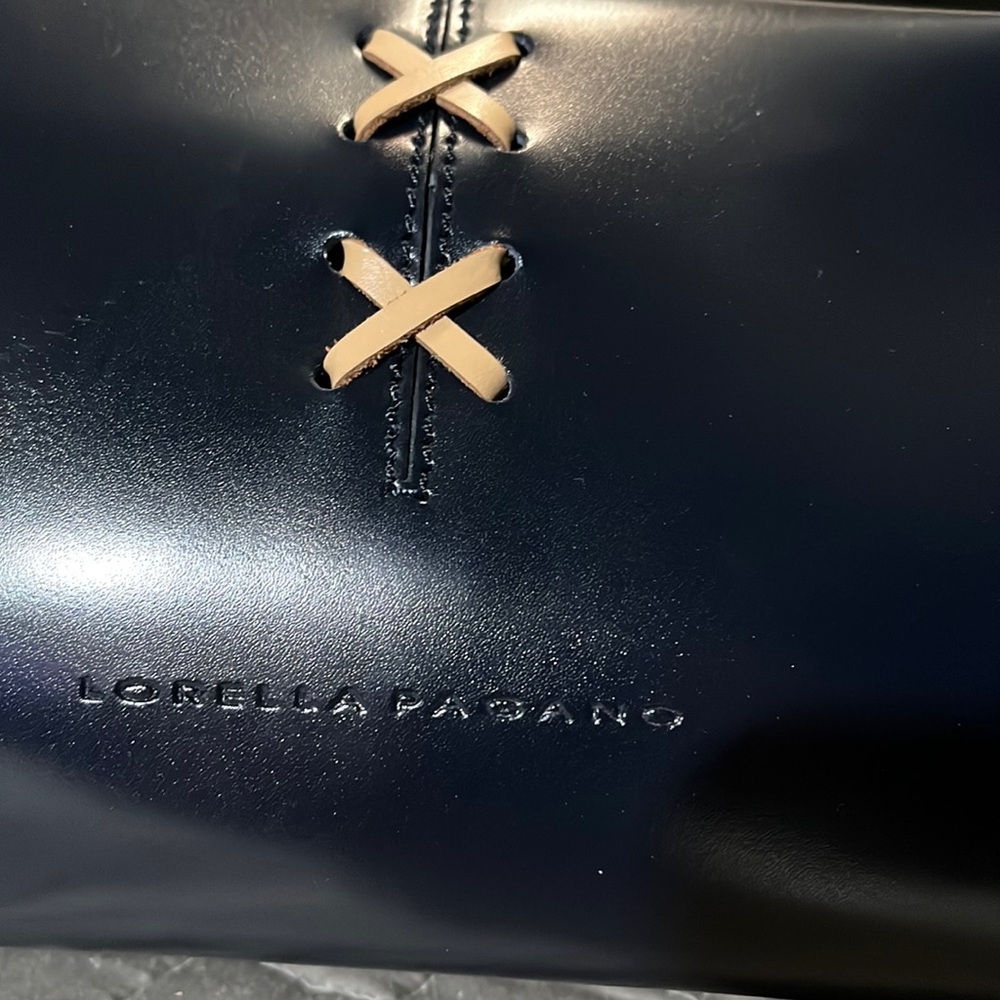 Lorella Pagano | Navy blue and tan Fine Italian leather with X stitch detail